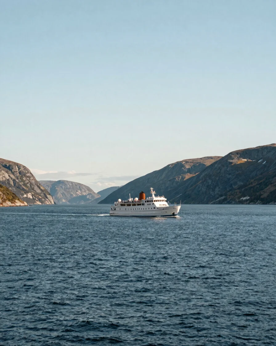 Small luxury expedition vessel moving slowly through deep blue fj